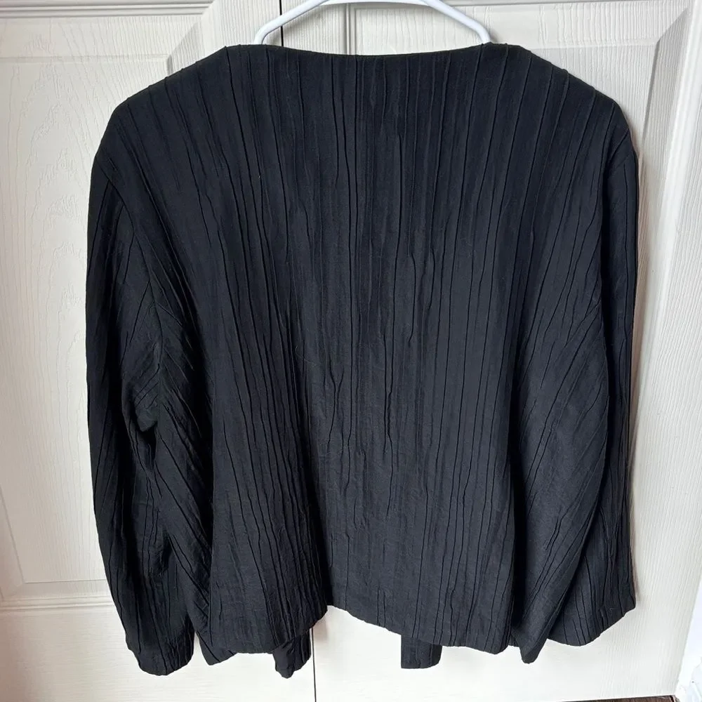 Eileen Fisher crinkle silk textured open Black blazer suit jacket Women MED EUC